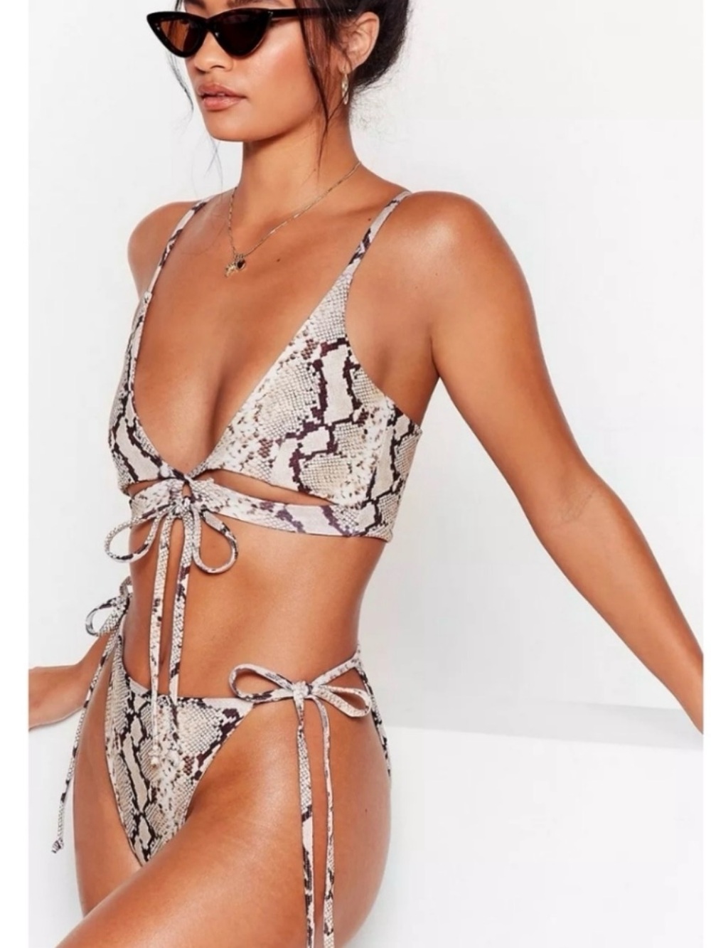 Nasty Gal Beige and Brown Snake-Print Tie Bikini